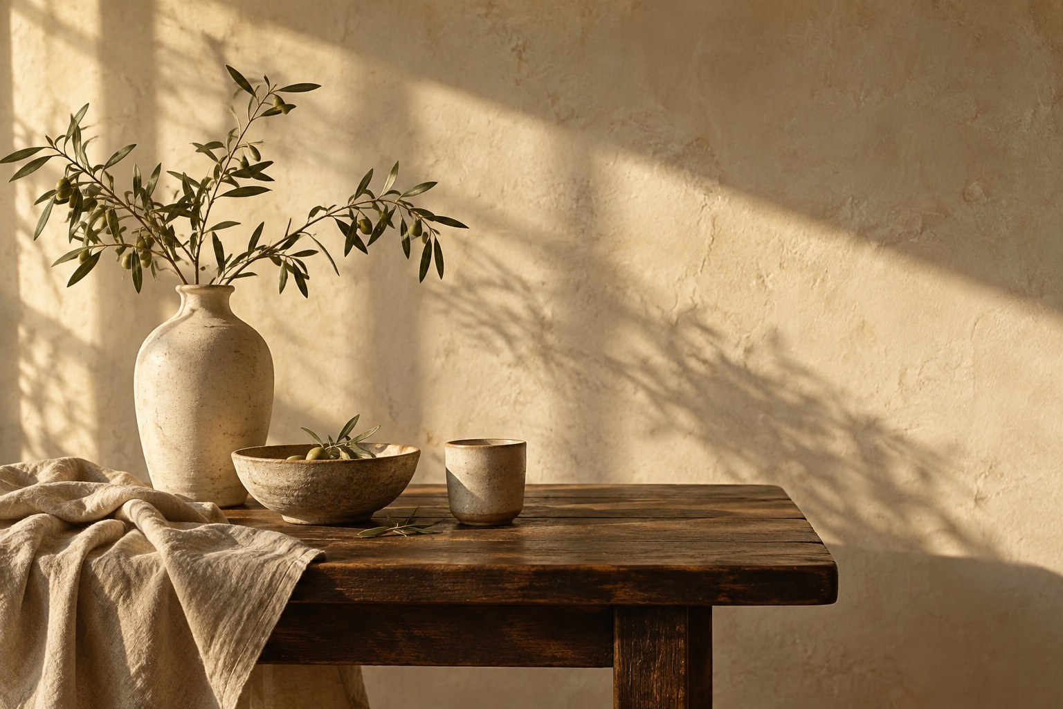 Sunlight falling across a ceramic vase, olive branches and a linen-covered table