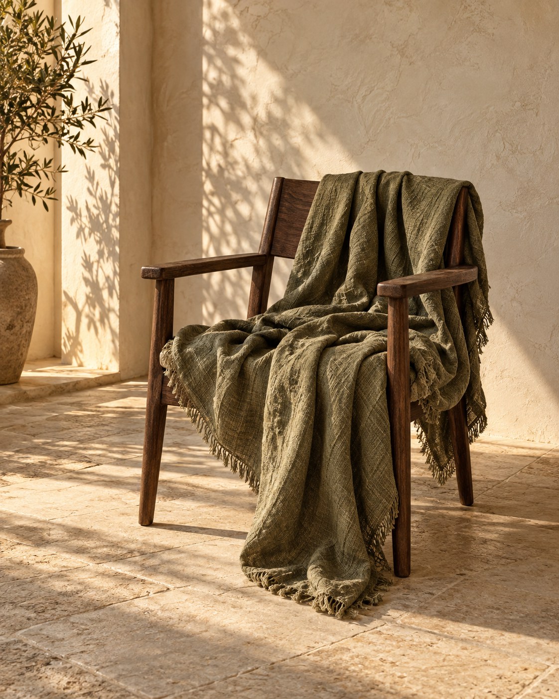 Olive textile concept draped across a wooden chair